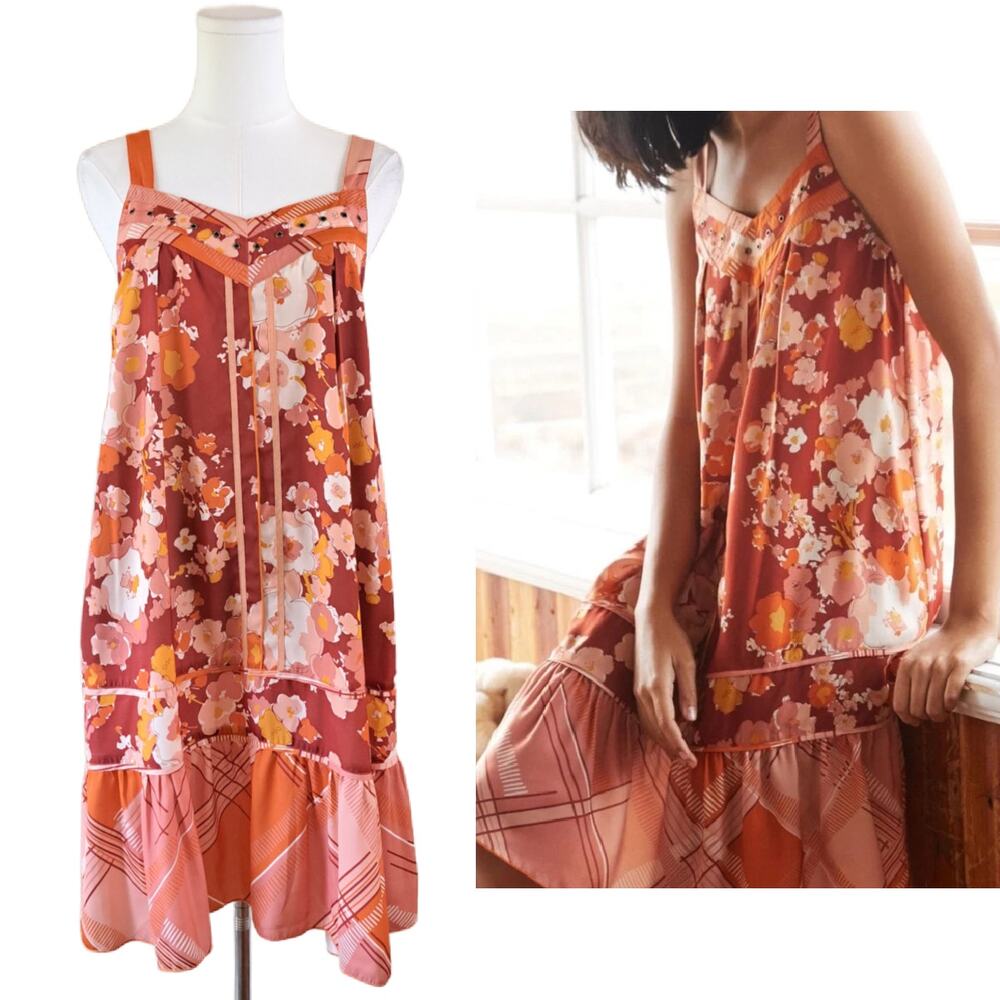 TINY Anthropologie S Floral Grommet Tank Dress Terracotta Rust Boho Shift Orange